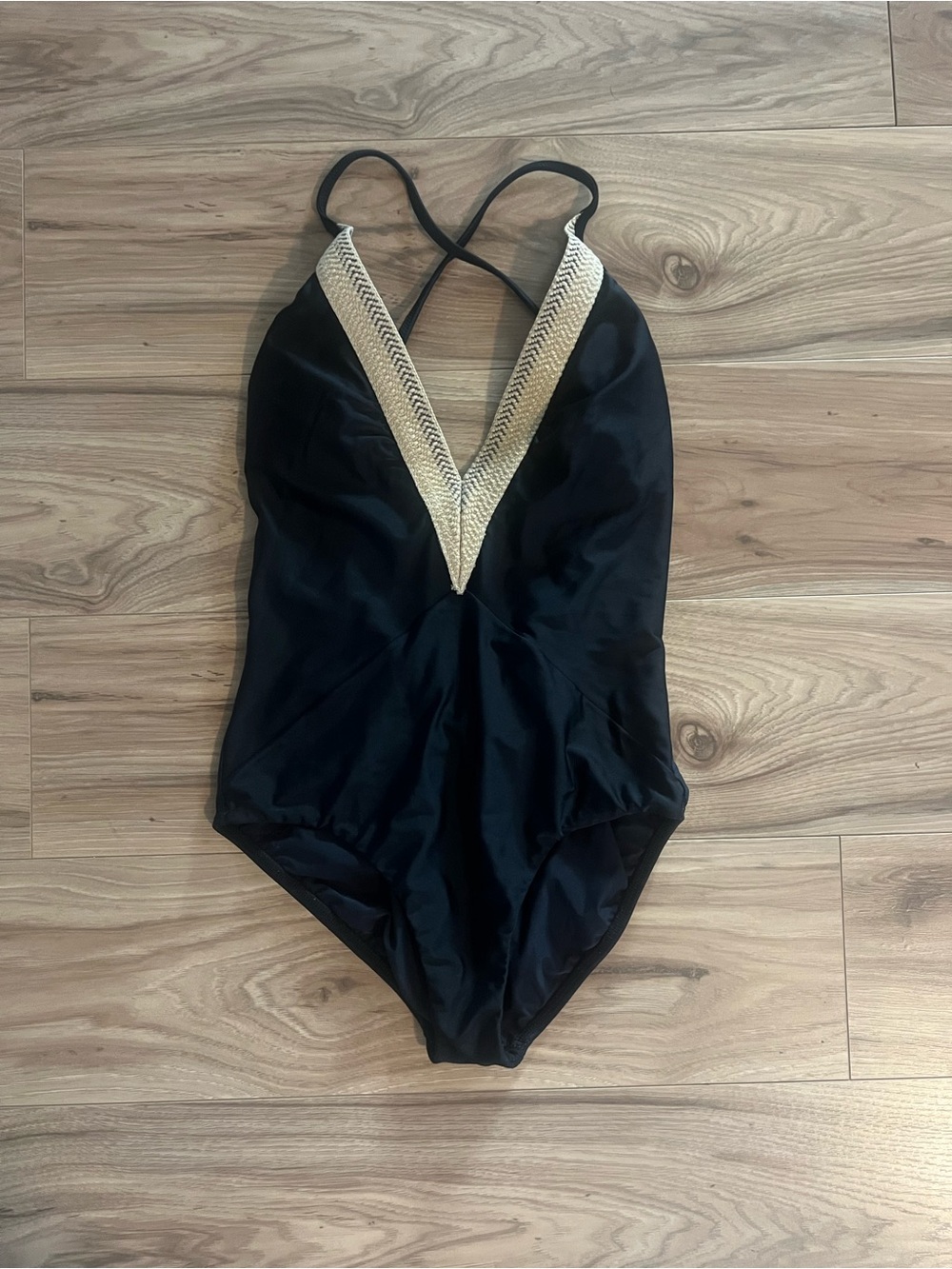 Vix Paula Hermanny Black One-Piece Swimsuit with Gold Trim